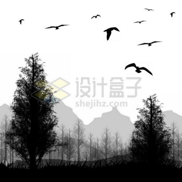 远山和森林大树飞鸟风景剪影8985099免抠图片素材