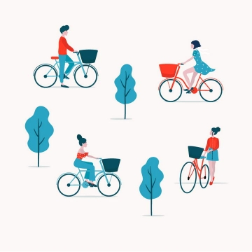 扁平化插画风格四款骑自行车的男孩和女孩图片免抠素材