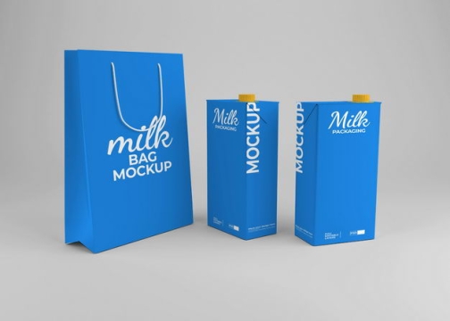 纸袋子购物袋和蓝色包装的盒装牛奶包装显示样机2306125免抠图片素材