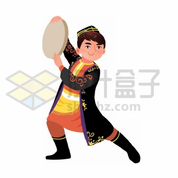 用手鼓跳舞的卡通维吾尔族少年传统服饰少数民族png图片免抠素材