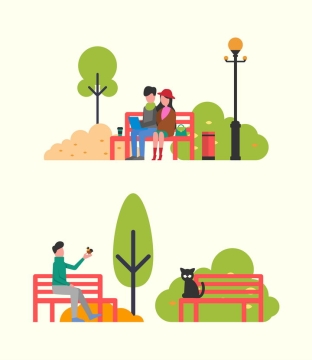 扁平插画风格公园长椅上坐着的情侣单身人士和一只黑猫图片免抠矢量素材