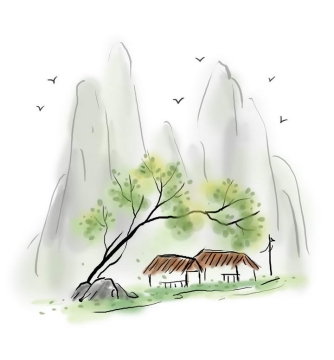 中国风彩色水墨画风格山脚下的两间草屋图片免抠素材