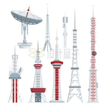 各种5G信号发射塔和卫星接收天线9284268矢量图片免抠素材