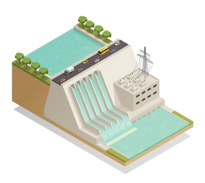 2.5D风格一座绿色环保能源的水力发电站图片免抠素材