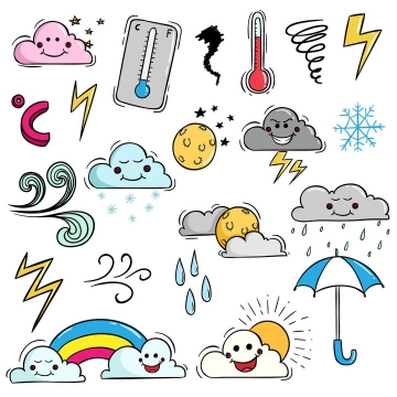 各种带卡通表情的云朵温度计彩虹雨伞等天气符号图片免抠矢量素材