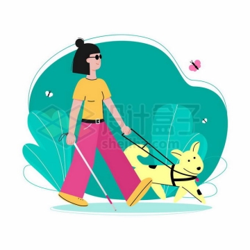 卡通盲人牵着导盲犬散步手绘插画9003675矢量图片免抠素材免费下载