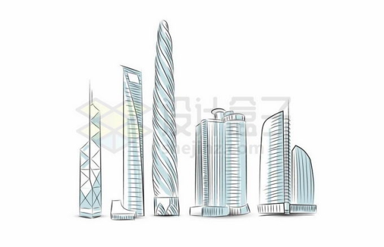5款手绘素描风格高楼大厦城市建筑物地标建筑5068315矢量图片免抠素材