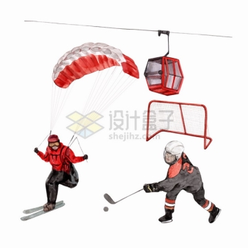 滑雪滑翔伞冰球观光缆车等冬天体育运动水彩插画png图片素材