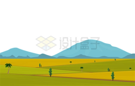 卡通风格农村田野和远处的大山风景插画4329684矢量图片免抠素材