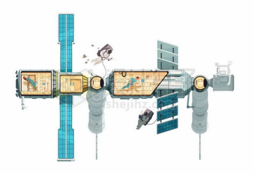 中国天宫空间站中不同舱室解剖图和出舱活动的宇航员2834068矢量图片免抠素材