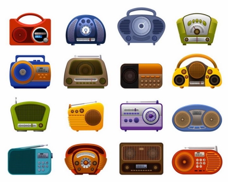 16款各种颜色的卡通收音机录音机png图片免抠矢量素材