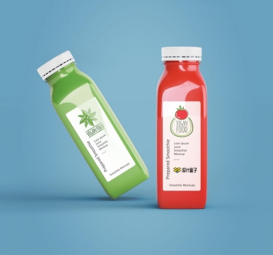 一瓶红色一瓶绿色的饮料瓶上的包装设计样机PSD图片模板