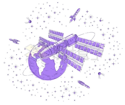 卡通风格围绕地球的宇宙飞船空间站插画3619551矢量图片免抠素材