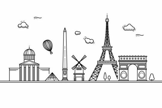 黑色线条手绘风格巴黎城市建筑知名旅游城市天际线png图片免抠素材