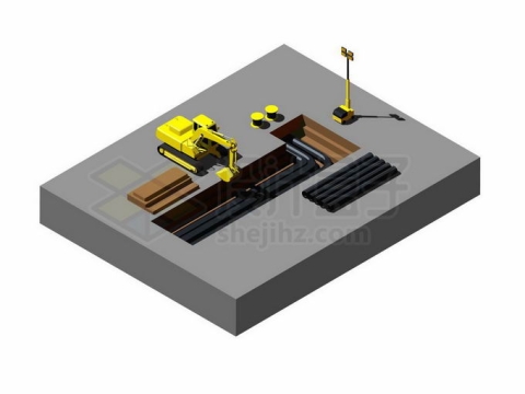 2.5D风格黄色挖掘机正在埋地下管道施工现场8024788矢量图片免抠素材免费下载