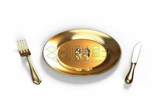 3D立体金色黄金盘子和餐刀叉子西餐餐具模型9152536图片免抠素材