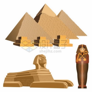 埃及地标建筑金字塔狮身人面像和木乃伊人形棺材png图片免抠矢量素材
