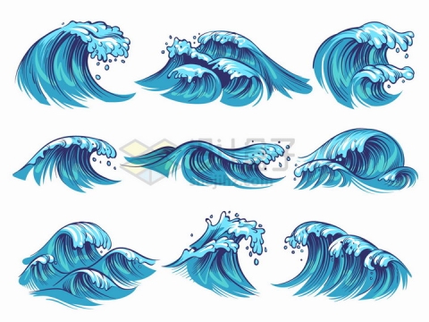 9款手绘蓝色海浪巨浪浪花png图片免抠矢量素材