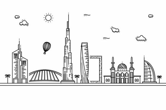 黑色线条手绘风格迪拜城市建筑知名旅游城市天际线png图片免抠素材