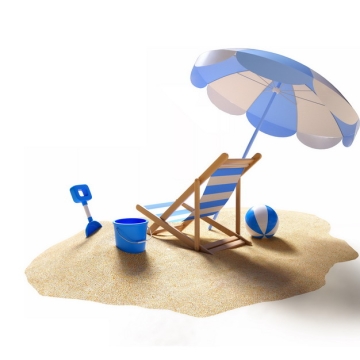 3D立体风格沙滩上的蓝白条纹色沙滩椅沙滩伞等热带旅游270066png图片素材