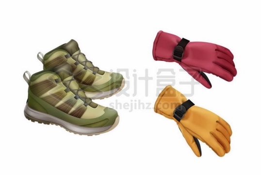 户外徒步运动鞋和红色黄色防寒手套4022541矢量图片免抠素材