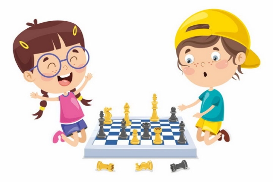 卡通女孩和男孩正在下国际象棋png图片免抠矢量素材