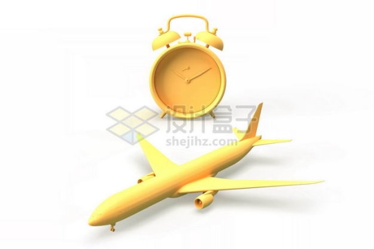 3D立体黄色闹钟和大型客机飞机模型5204519图片免抠素材