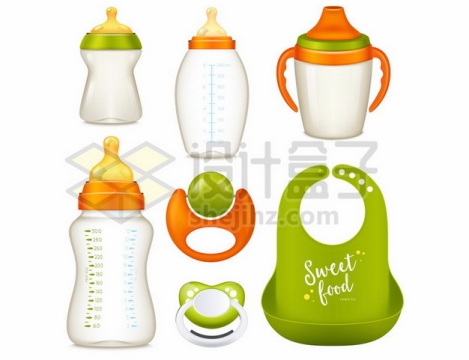 绿色和橙色宝宝婴儿奶瓶玻璃奶瓶育儿用品774761eps矢量图片素材