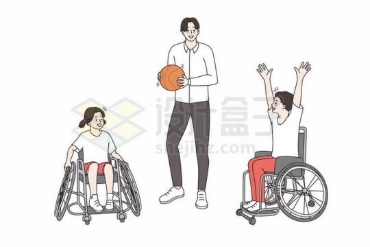 卡通教练正在教坐轮椅的残疾人打篮球残疾人运动会插画4548484矢量图片免抠素材