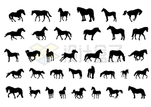各种站立奔跑形态的马儿骏马黑色剪影图案2293078矢量图片免抠素材