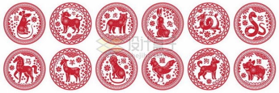 红色剪纸风格中国传统十二生肖图案2728113png图片免抠素材