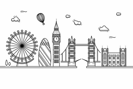 黑色线条手绘风格伦敦城市建筑知名旅游城市天际线png图片免抠素材
