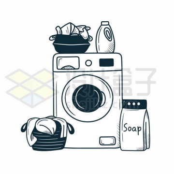 洗衣机和旁边的脏衣服洗衣粉洗衣液手绘插画3491651矢量图片免抠素材