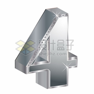 3D金属银色镶钻立体数字4png图片素材