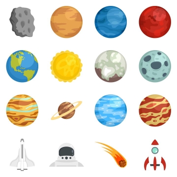 16款手绘风格太阳系八大行星航天飞机流星等天文科普图片免抠素材