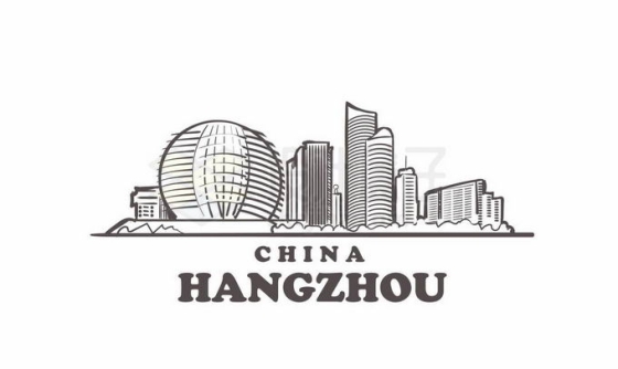 黑色线条杭州洲际酒店城市地标建筑手绘插画7293312矢量图片免抠素材免费下载