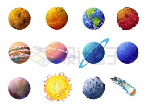 卡通太阳系八大行星月球陨石等天体3685720矢量图片免抠素材