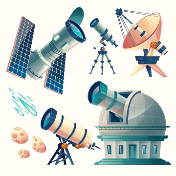 卡通插画风格哈勃望远镜射电望远镜天文望远镜等天文科普图片免抠素材