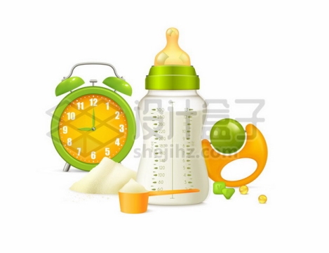 闹钟和绿色橙色宝宝婴儿奶瓶玻璃奶瓶育儿用品155697eps矢量图片素材