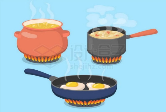 煤气灶上放着的三口煎锅炖锅和瓦罐正在烹饪美食5724918矢量图片免抠素材免费下载