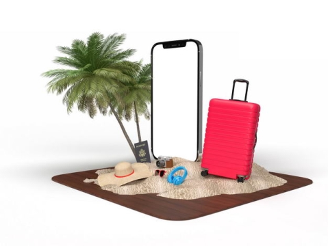手机显示样机和旅行箱椰子树绿色观赏植物沙滩等热带旅游元素9954558免抠图片素材