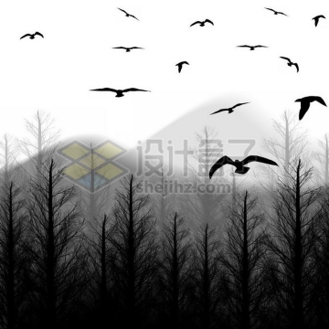  Silhouette of birds in the distant mountains and the nearby big forest 6926683 Scratch free picture material