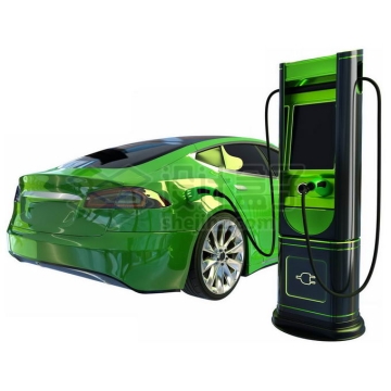 绿色的小轿车家用汽车新能源汽车正在充电桩前充电3D模型5761056PSD免抠图片素材
