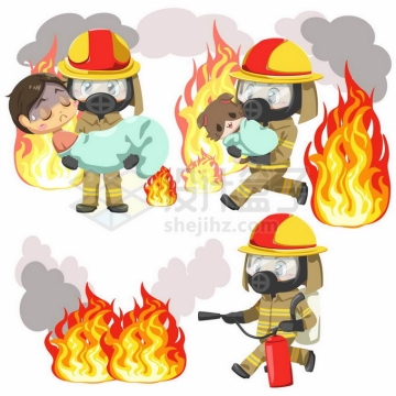 卡通消防员从火灾现场救出被困人员和宠物以及拿着灭火器灭火2738278矢量图片免抠素材免费下载
