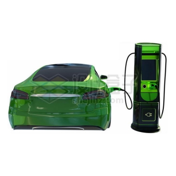 绿色的小轿车电动汽车正在充电桩前充电3D模型3556031PSD免抠图片素材