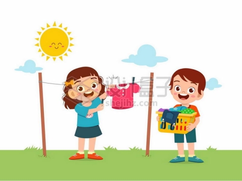 卡通女孩和男孩在太阳底下的晾衣绳上晾晒衣服7988174矢量图片免抠素材