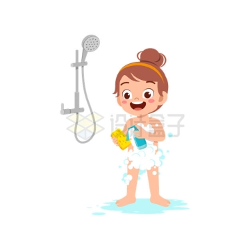 卡通小女孩用淋浴洗澡并向海绵搓上挤沐浴露8741484矢量图片免抠素材