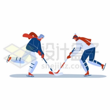 扁平化风格两个正在打冰球的运动员冬季奥运会比赛项目插画9205357矢量图片免抠素材