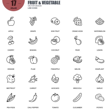 手绘线条风格各类水果icon图标图片免抠素材合集
