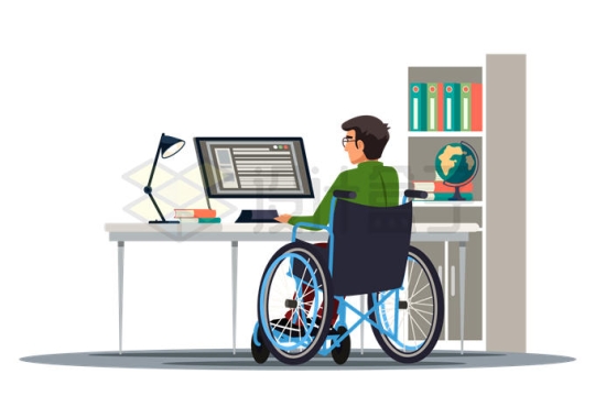 卡通残疾人程序员坐着轮椅使用电脑工作9100567矢量图片免抠素材
